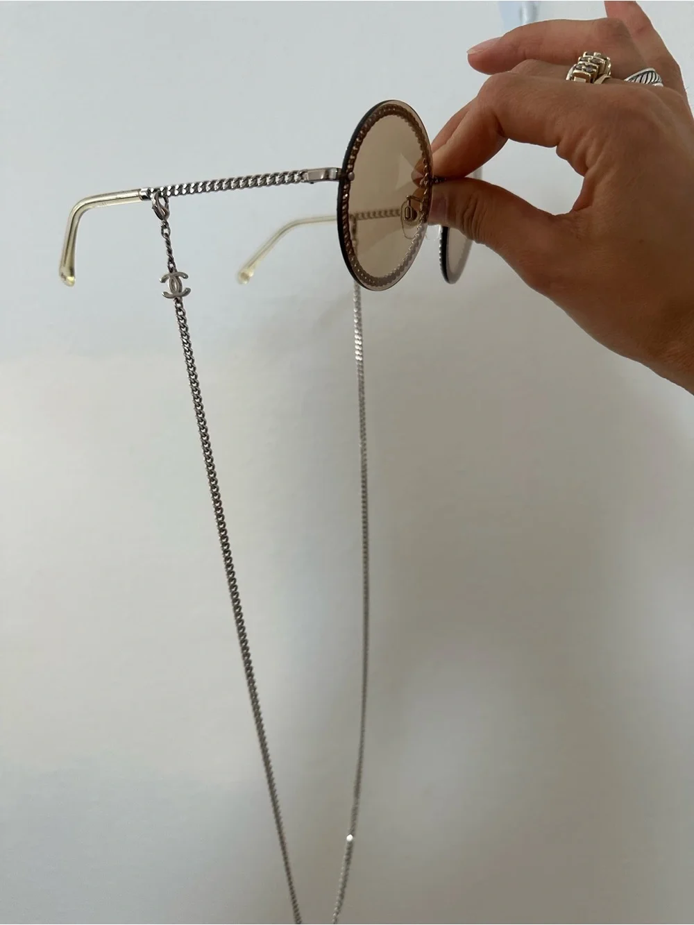 CHANEL Round Silver Chain Trim Sunglasses with Removable Chain Interlocking CC